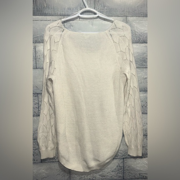 SOLD Kismet Maxine Pointelle Sleeve Popover Cream Sweater Medium V Neckline - Picture 6 of 6